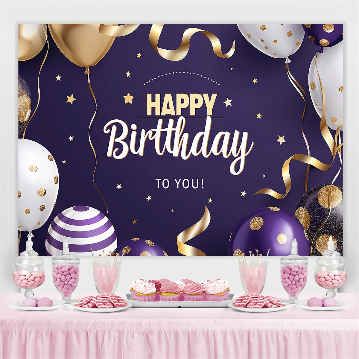 Personalized Birthday Backdrops Golden Dots Balloon Purple Backdrop UK CJJ3-219