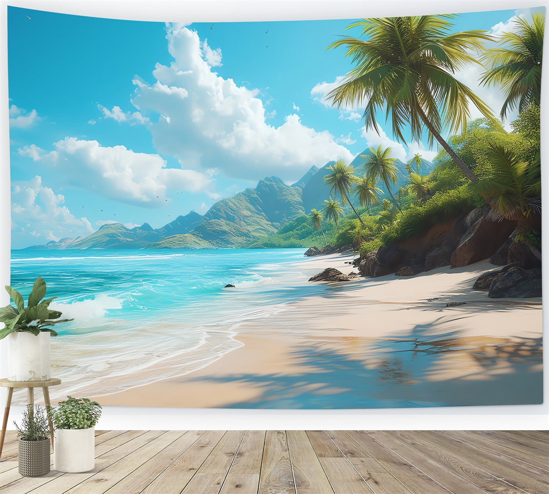 Photo Backdrop Beach Blue Ocean Palm Tree Summer Backdrop UK CJJ3-228