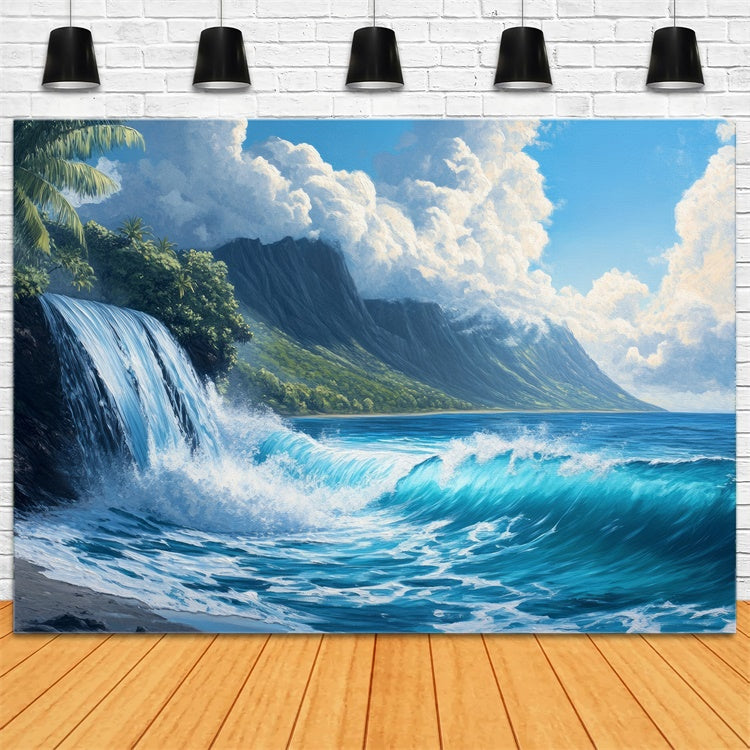 Beach Backdrop Ocean Waterfall Mountain View Summer Backdrop UK CJJ3-231