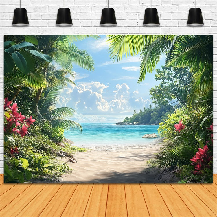 Photo Backdrop Beach Beach Trail Palm Leaves Summer Backdrop UK CJJ3-235