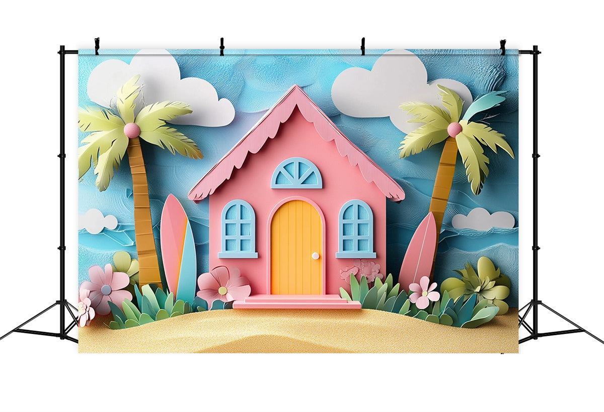 Summer Photo Backdrop Cartoon Pink Beach House Backdrop UK CJJ3-241