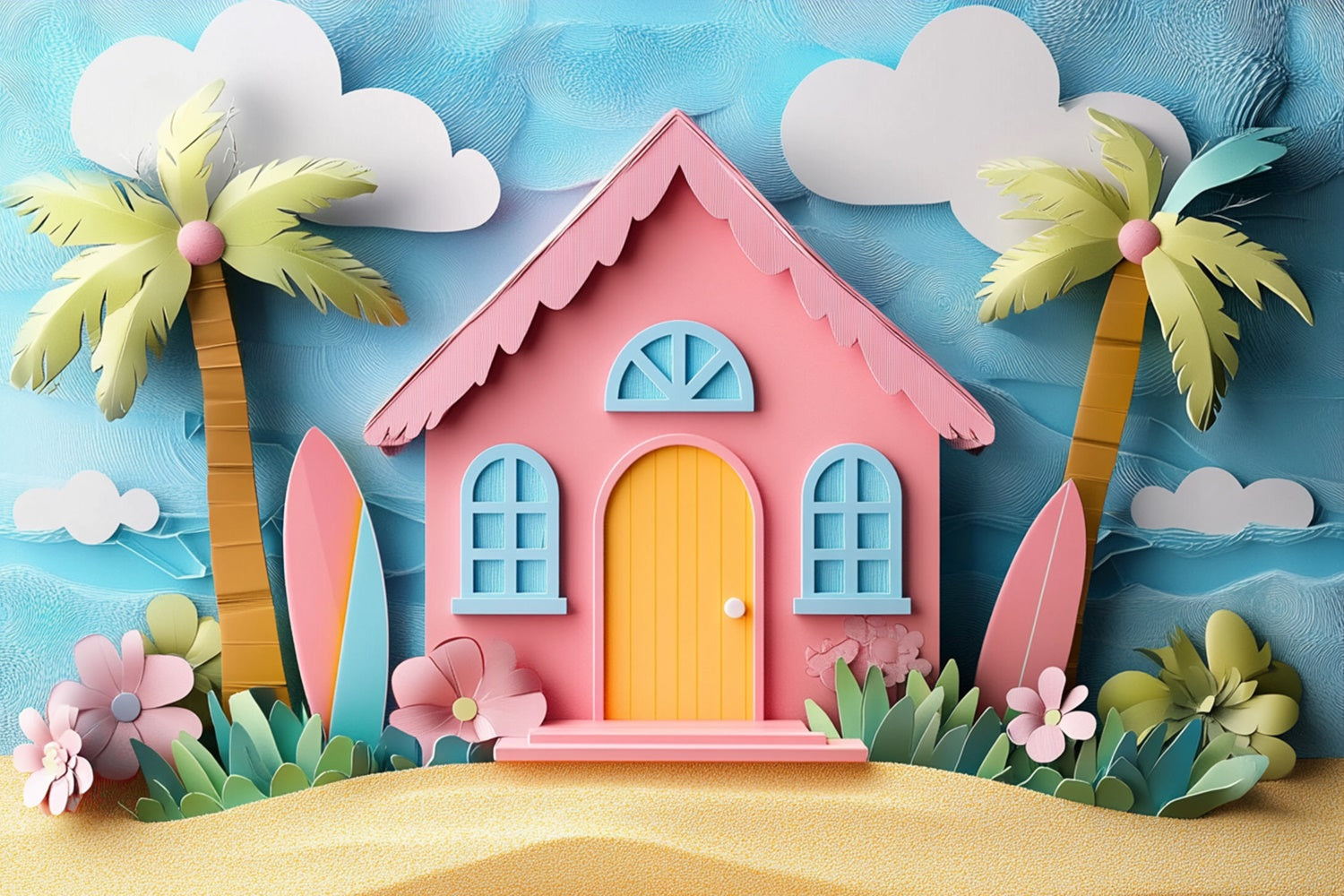 Summer Photo Backdrop Cartoon Pink Beach House Backdrop UK CJJ3-241