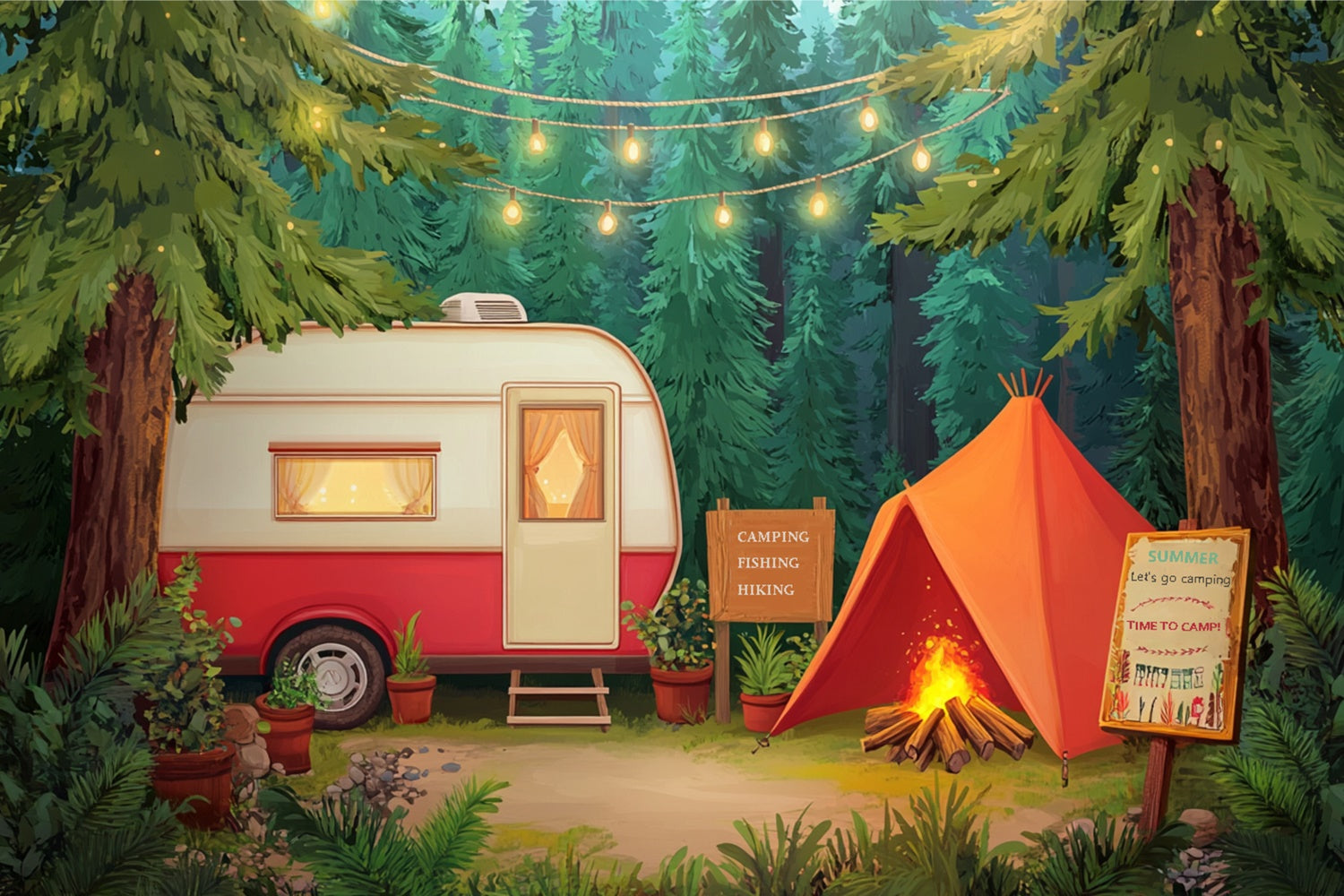 Summer Photo Backdrop Pine Tree Camp Tent Backdrop UK CJJ3-251