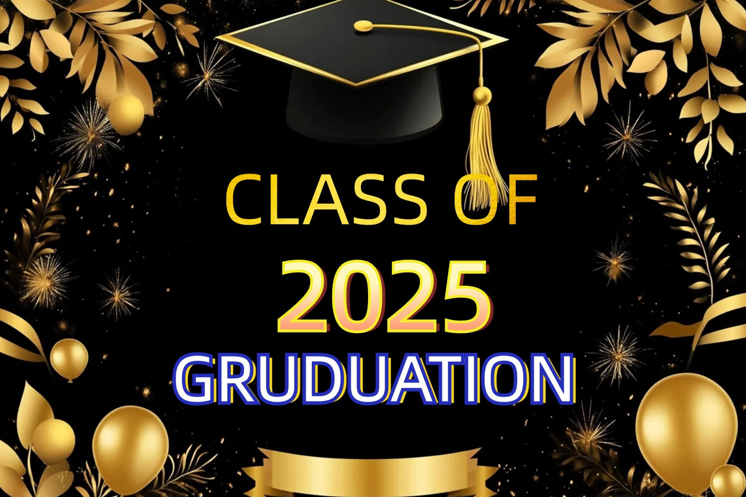 2025 Graduation Backdrop Golden Fireworks Balloons Party Graduation Backdrop UK CJJ3-267