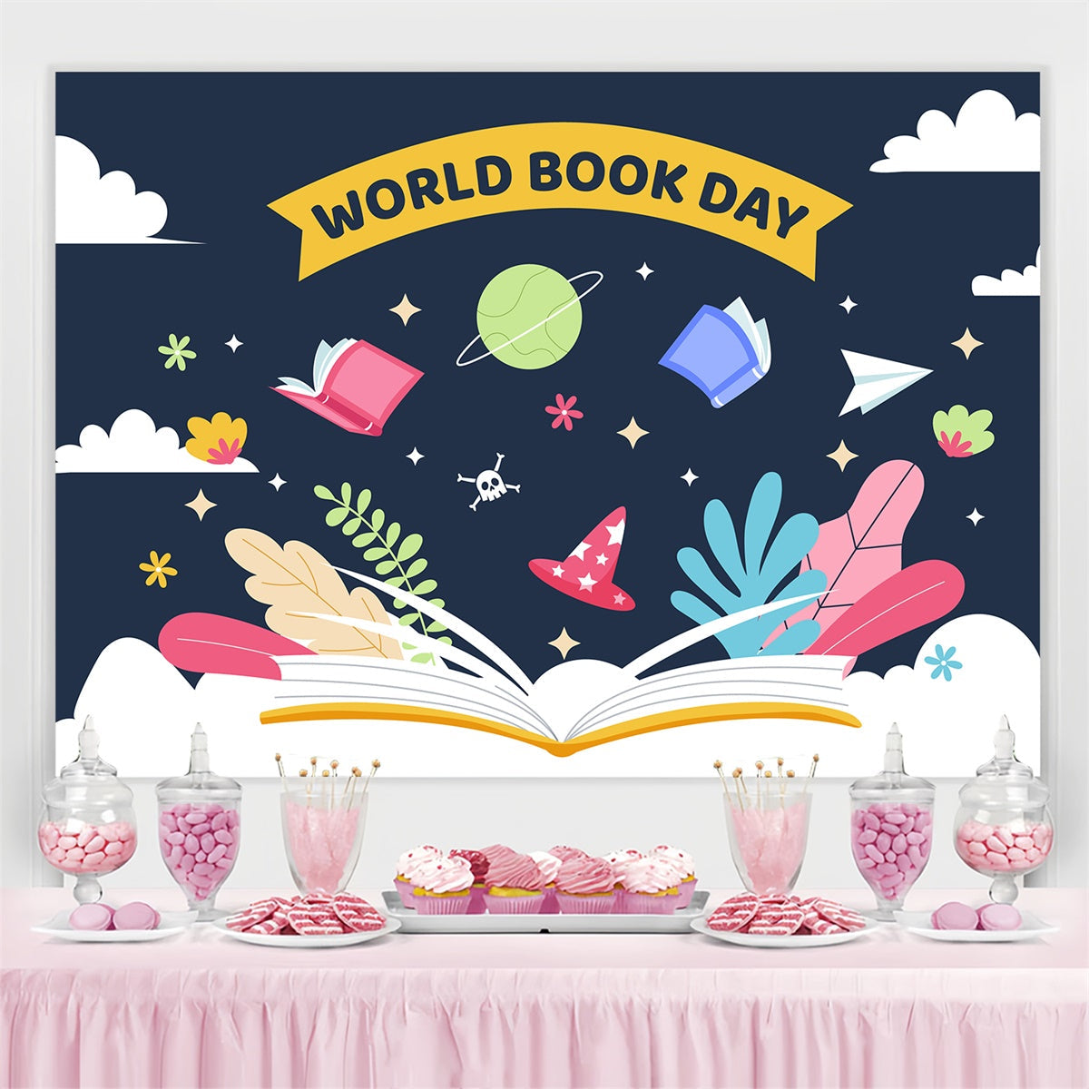 World Book Day Backdrop Floating Books Starry Backdrop UK CJJ3-75