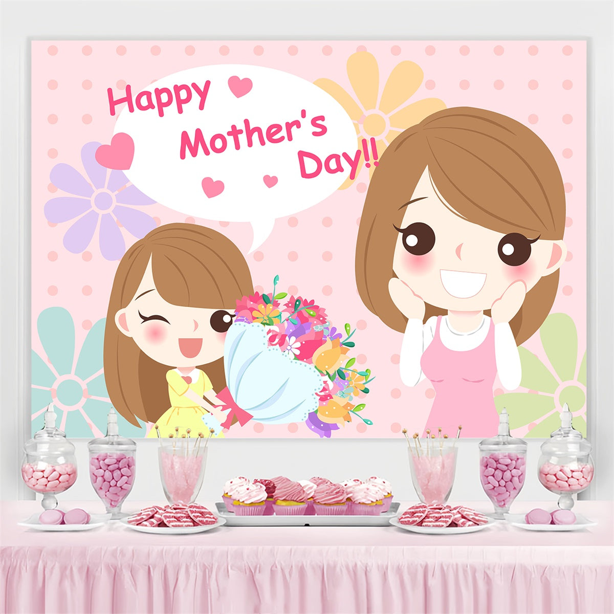 Mothers Day Photo Backdrop Flower Cartoon Pink Custom Backdrop UK CJJ3-90