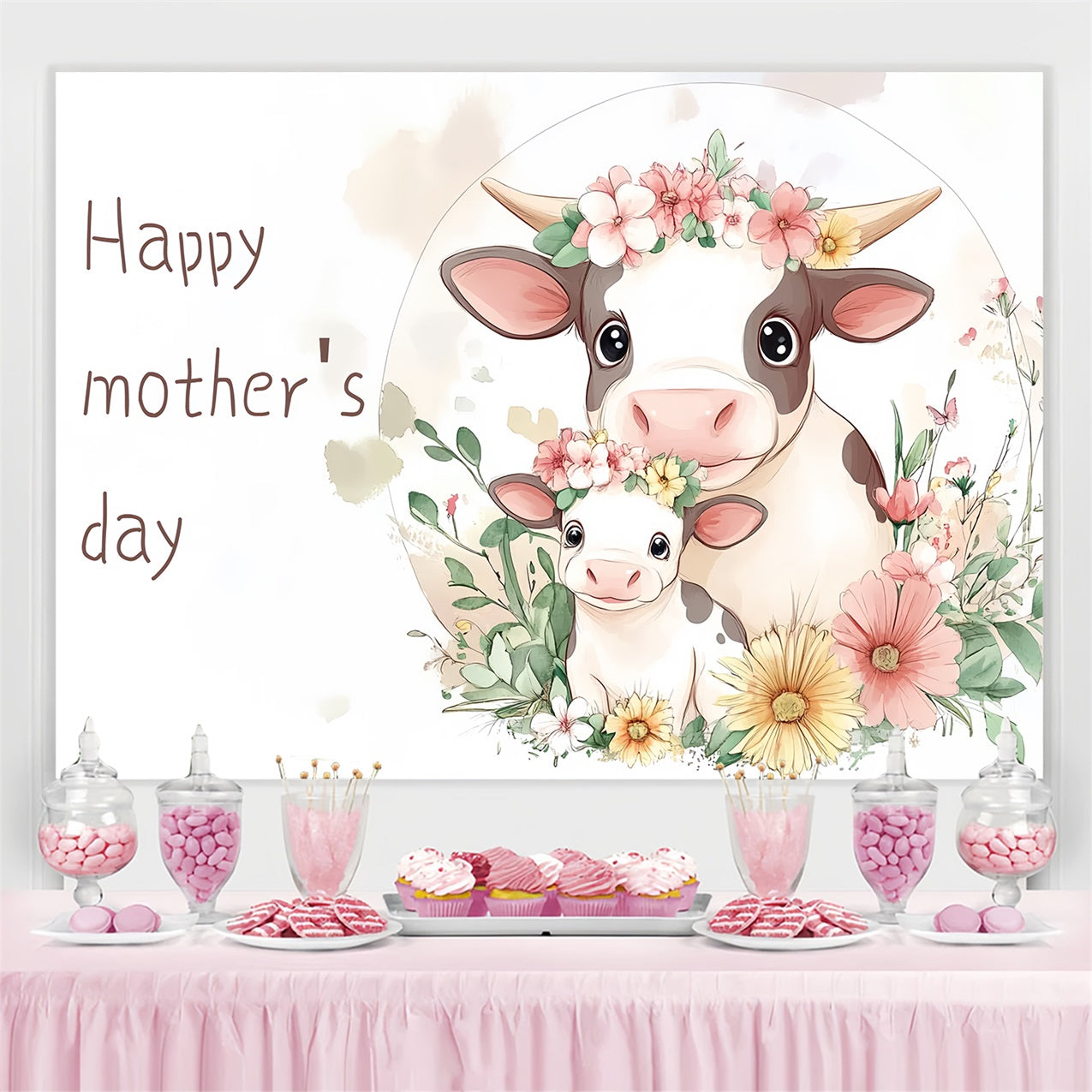 Mother's Day Photography Backdrops Floral Cow Family Customized Backdrop UK CSH-137