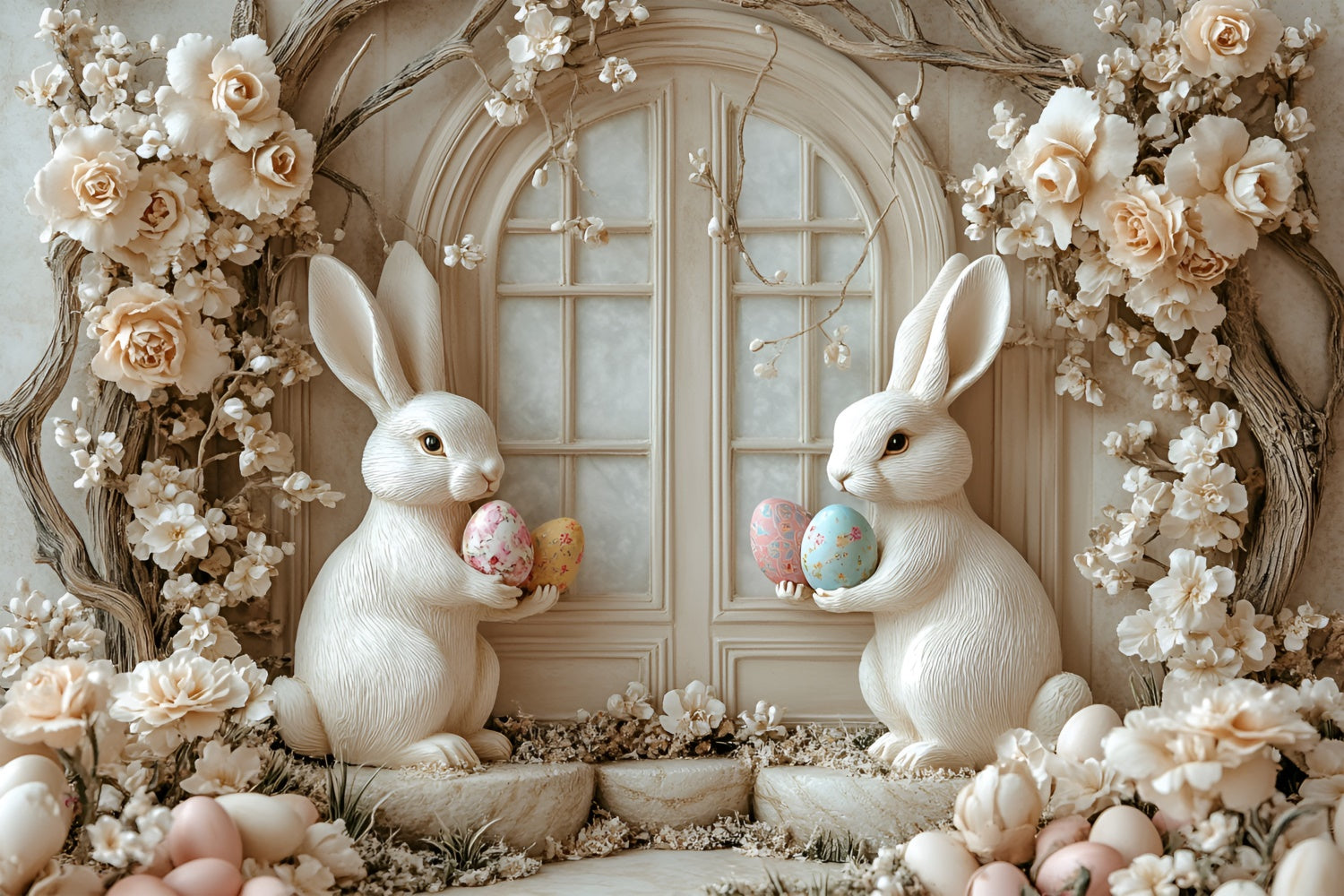 Easter Photo Backdrop Rustic Floral Bunny Window Backdrop UK CSH2-59