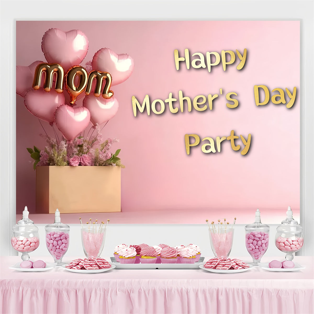 Mother's Day Backdrop Pink Floral Heart Balloon Custom Backdrop UK CSH3-103