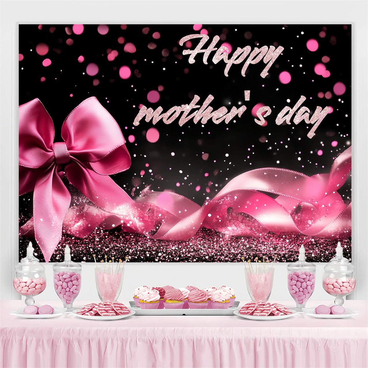 Happy Mothers Day Backdrop Glitter Pink Bow Personalised Backdrop UK CSH3-158