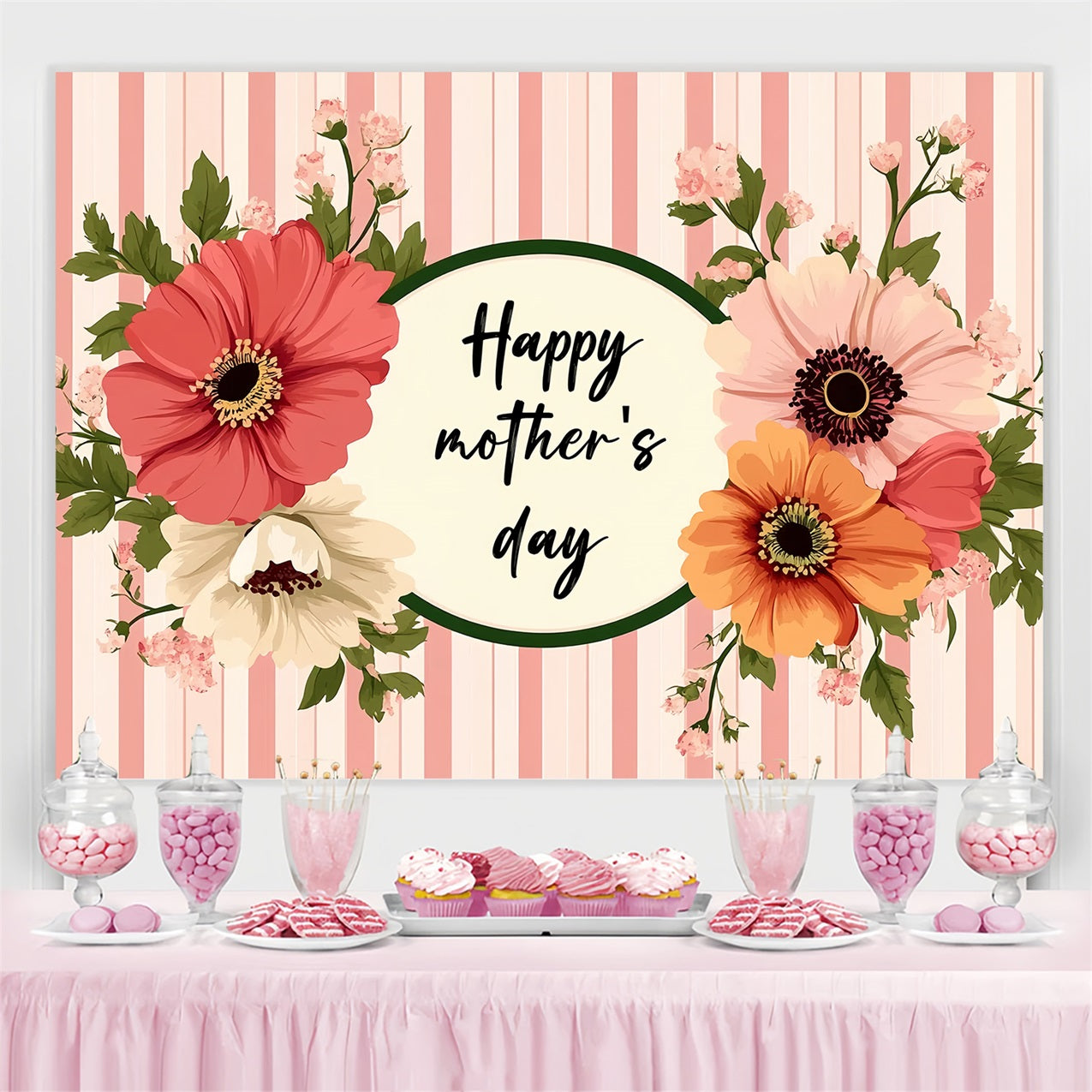 Backdrop Mother's Day Vintage Stripes Floral Custom Backdrop UK CSH3-189