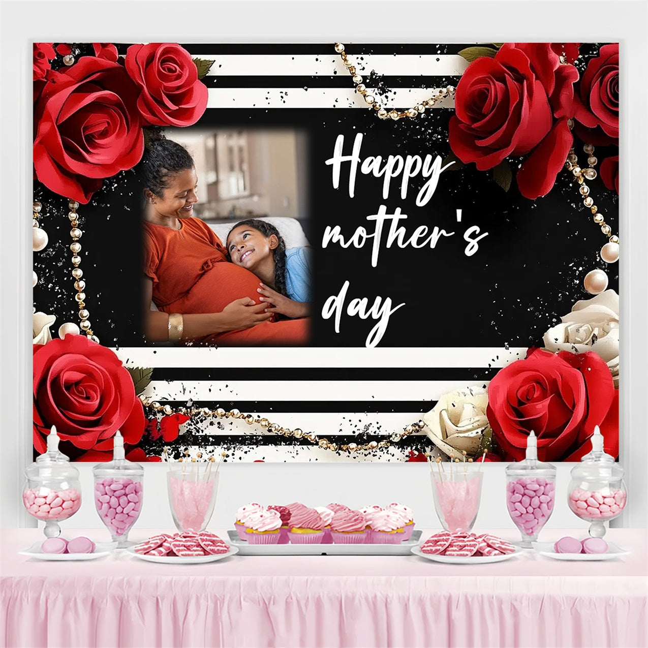 Mothers Day Backdrop Striped Elegance Rose Personalised Backdrop UK CSH3-196