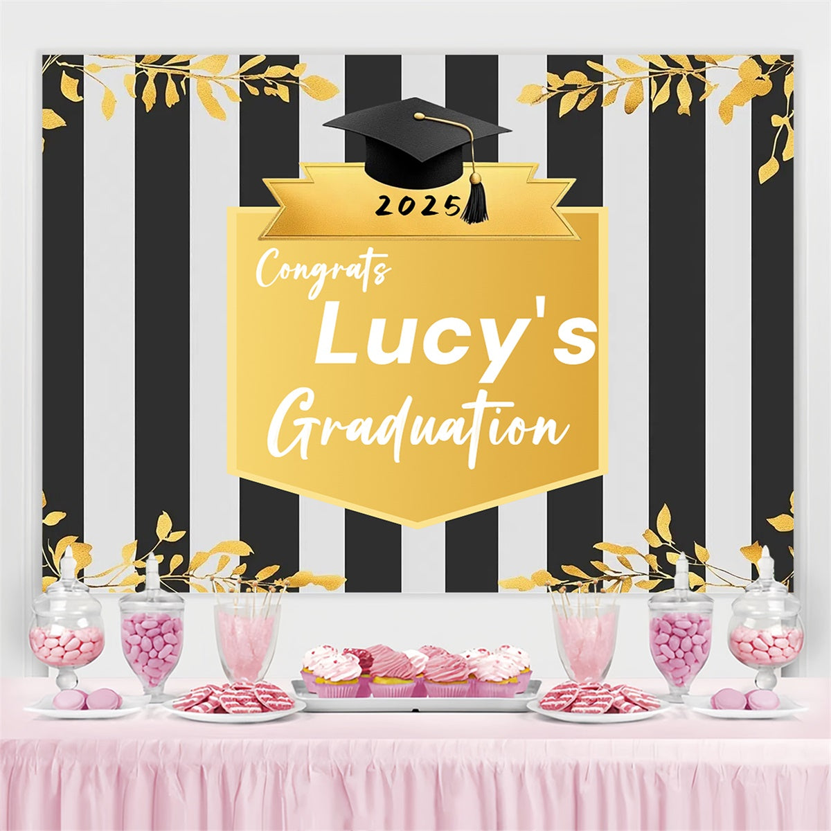 Customized Graduation Backdrop Black White Stripes Graduation Party Backdrop UK CSH3-253