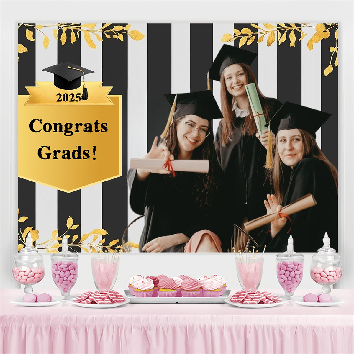 Custom Graduation Backdrop Black Striped Gold Trim Graduation Backdrop UK CSH3-254