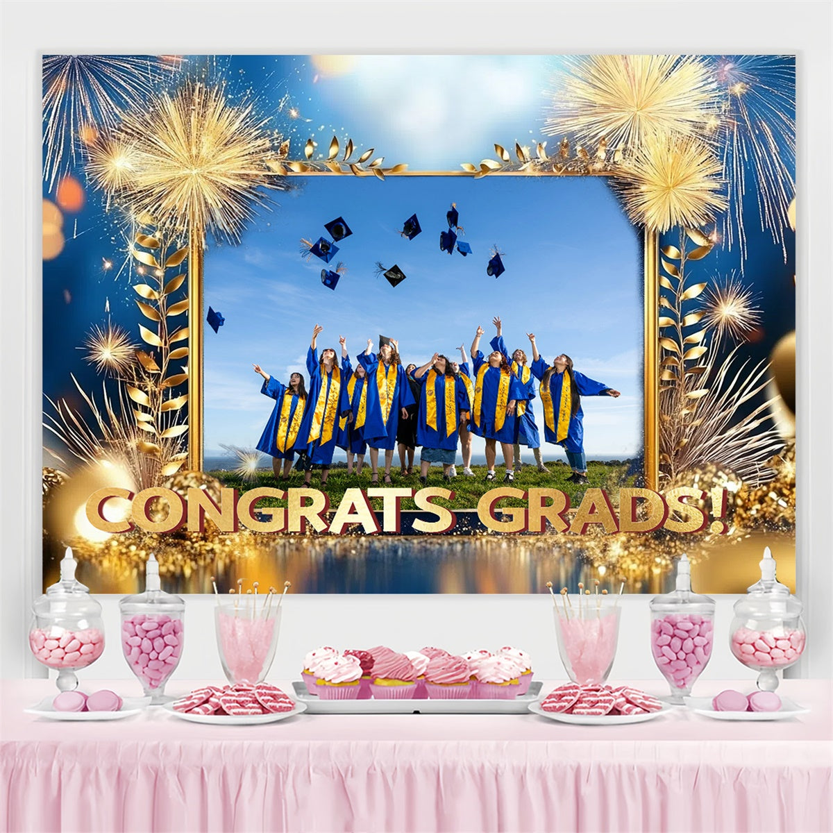 Personalized Graduation Backdrops Golden Fireworks Graduation Party Backdrop UK CSH3-255