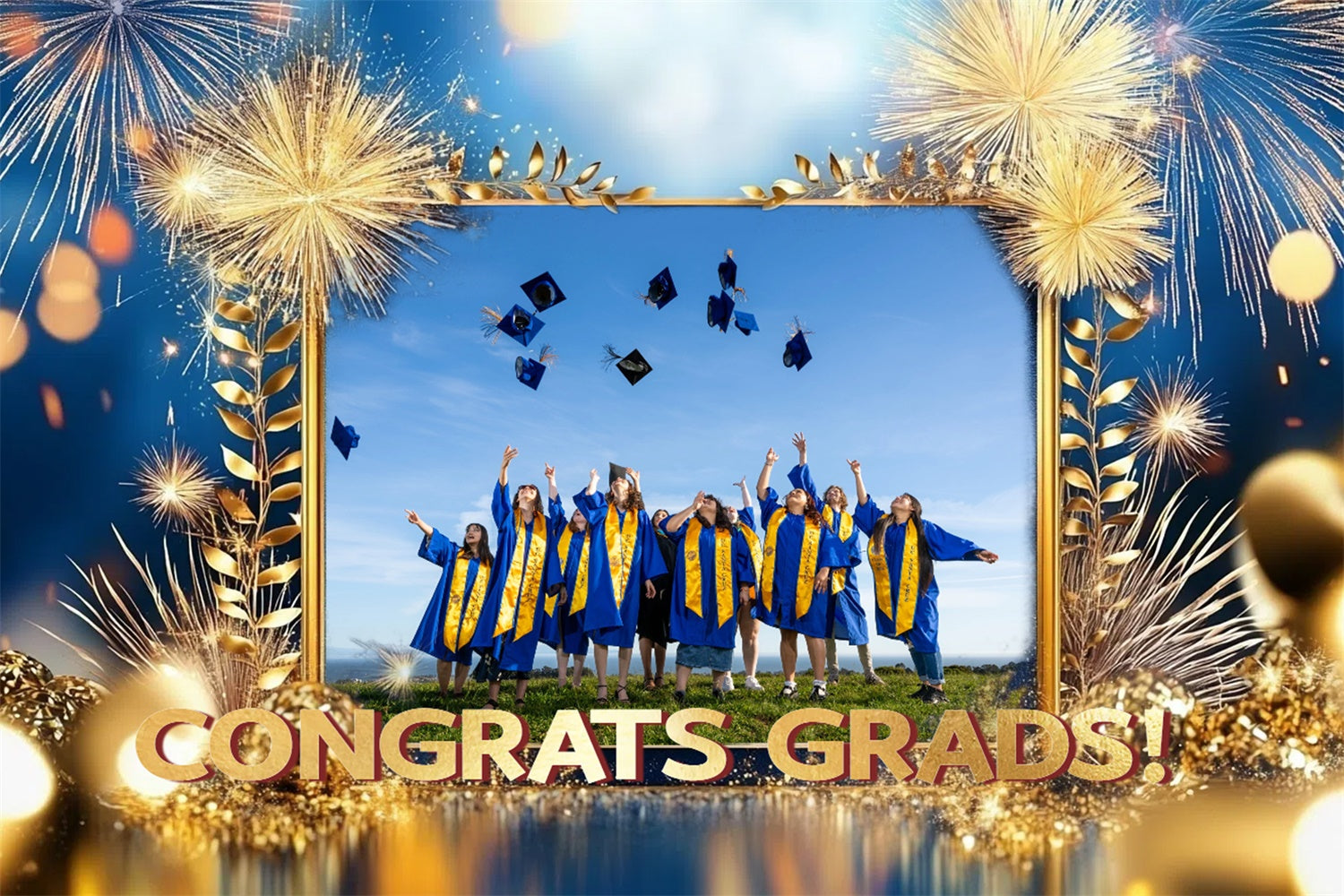 Personalized Graduation Backdrops Golden Fireworks Graduation Party Backdrop UK CSH3-255