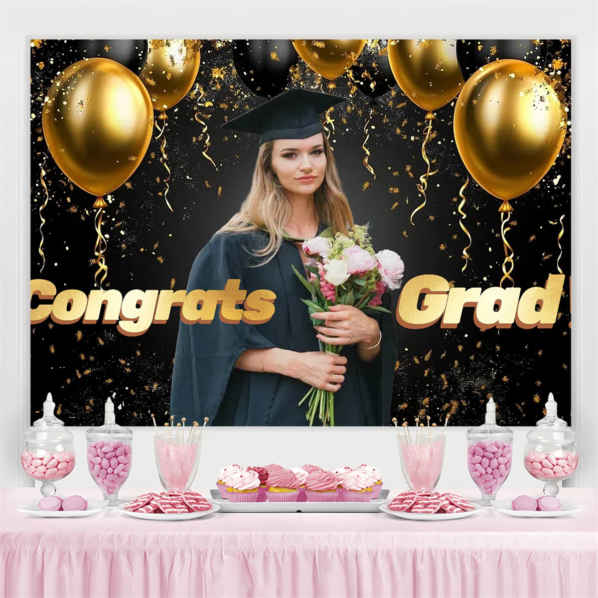 Custom Graduation Photo Backdrop Golden Balloon Graduation Party Backdrop UK CSH3-259