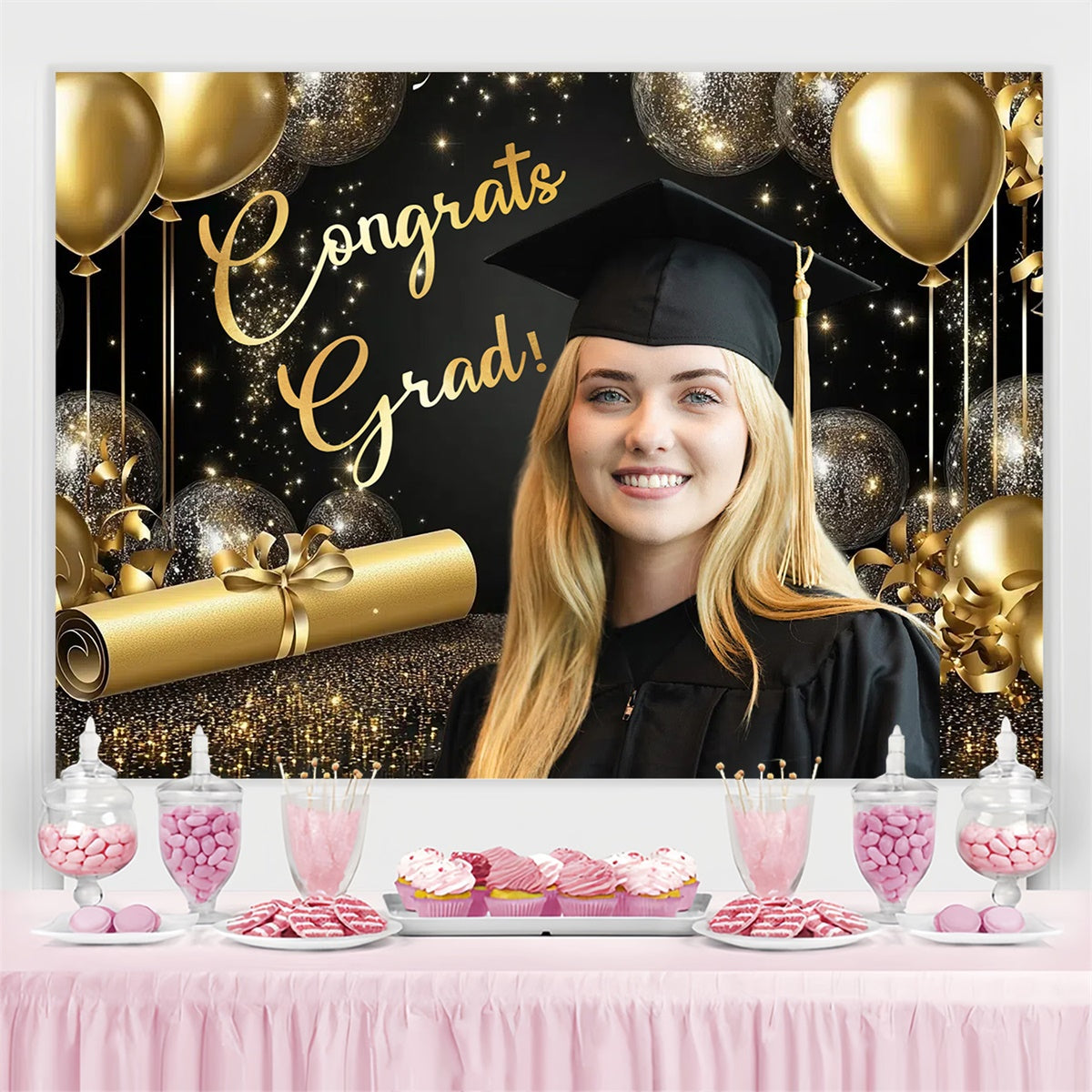 Custom Graduation Photo Backdrop Gold Theme Graduation Party Backdrop UK CSH3-269