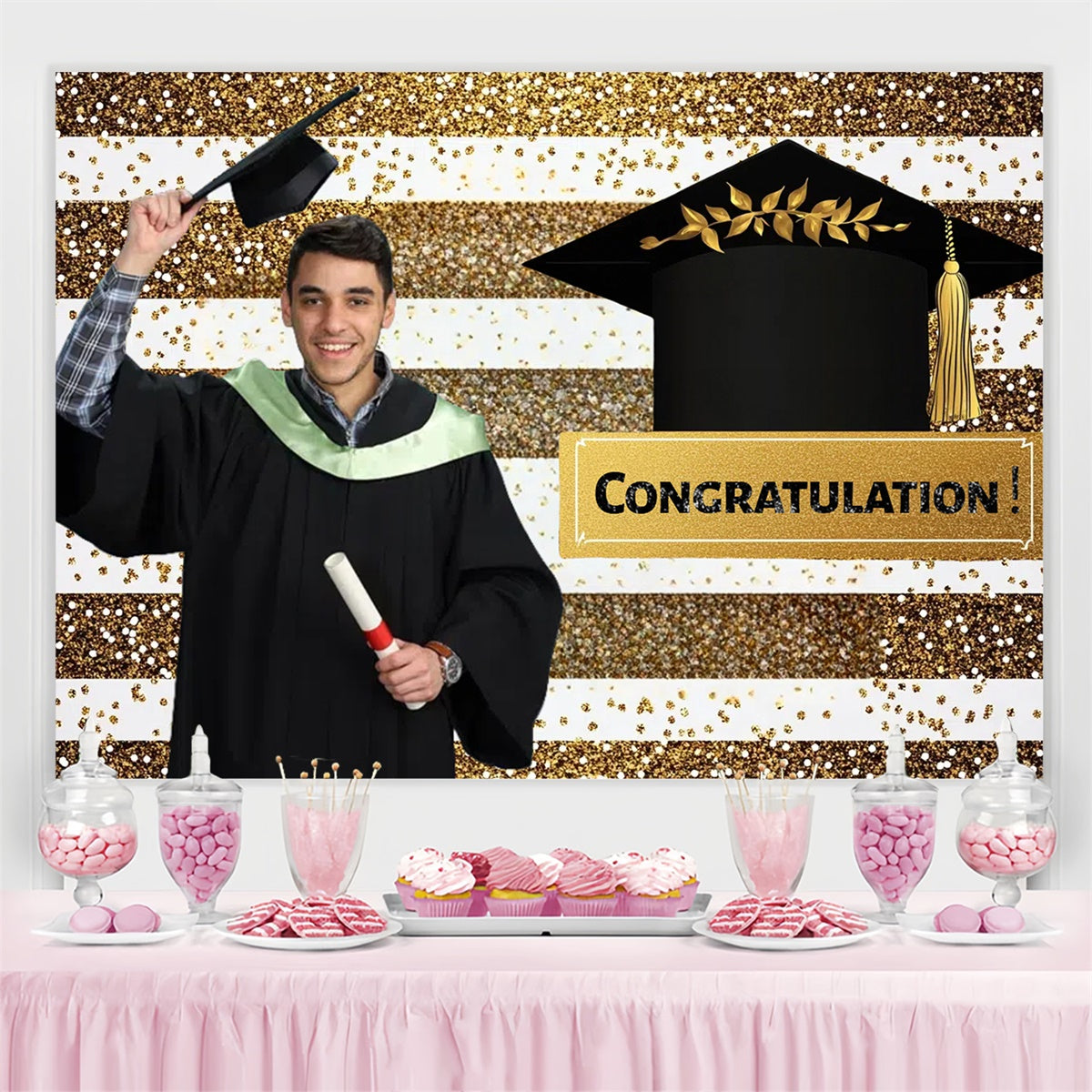 Custom Graduation Backdrop Sparkling Stripe Graduation Party Backdrop UK CSH3-270