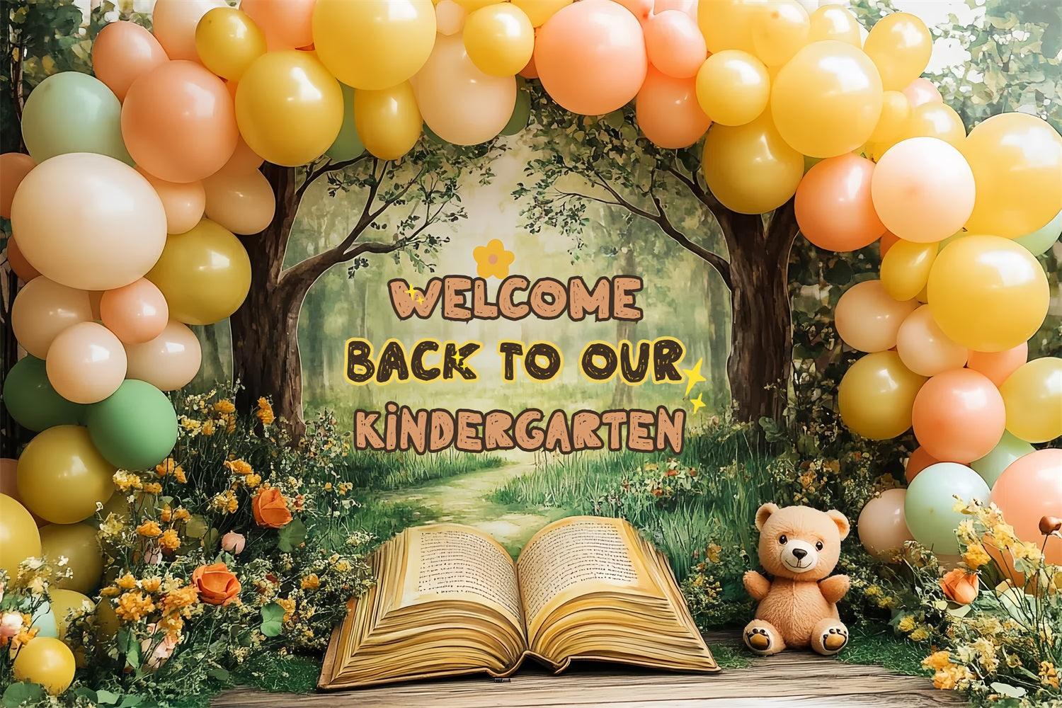 Back To School Backdrop Sunny Meadow Kindergarten Balloon Backdrop UK CSH3-35