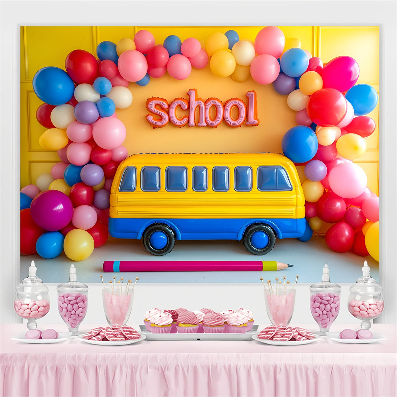 Backdrop For Back To School Cheerful Yellow School Bus Backdrop UK CSH3-38