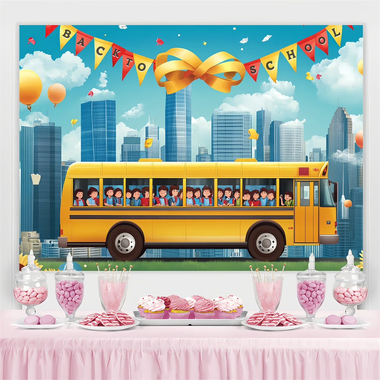 Backdrop For Back To School Yellow School Bus Cityscape Backdrop UK CSH3-55