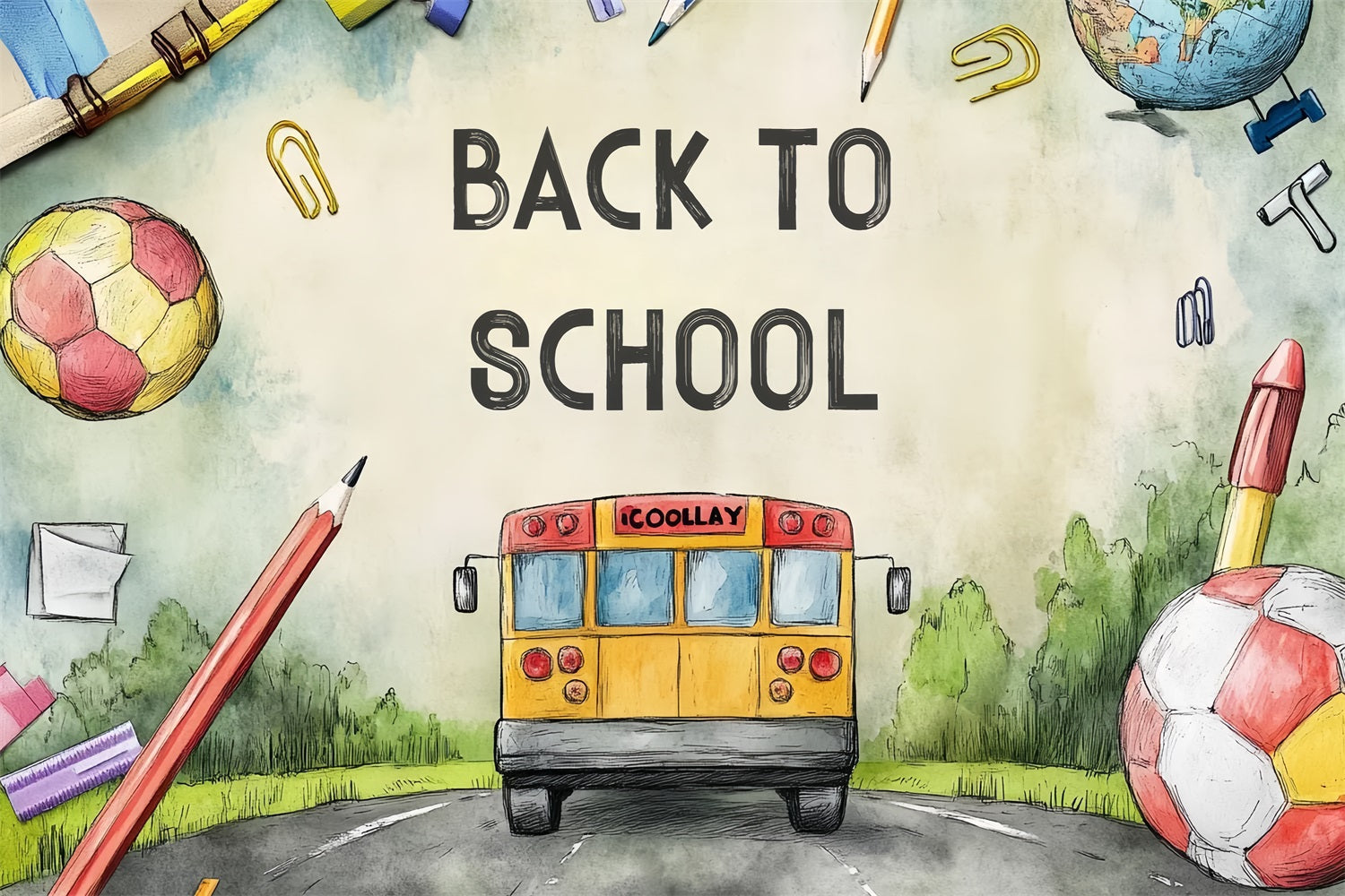 Back To School Backdrop Ideas Watercolor School Bus Road Backdrop UK CSH3-63