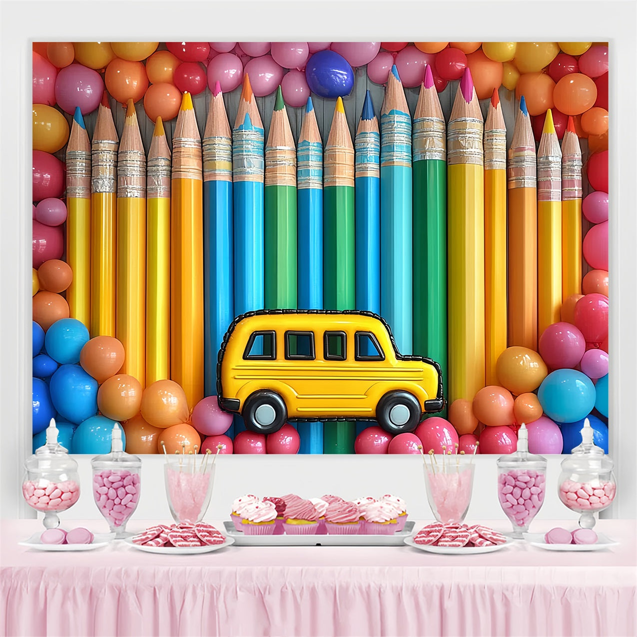 Back To School Backdrop Rainbow Pencils Balloon Celebration Backdrop UK CSH3-65