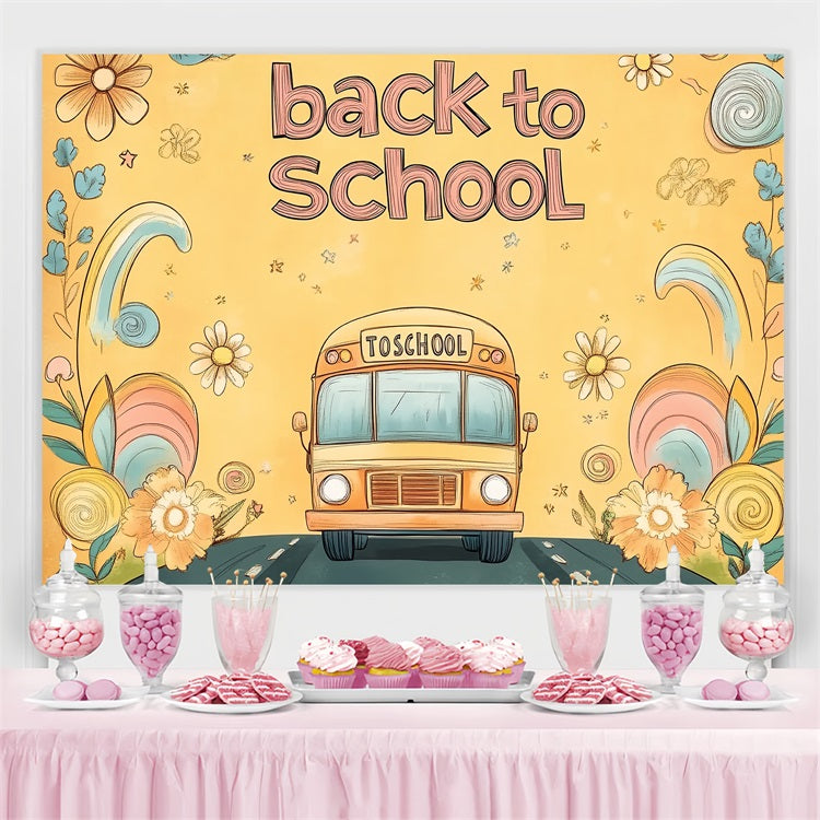 Back To School Backdrops Hand-Drawn Floral School Bus Backdrop UK CSH3-67