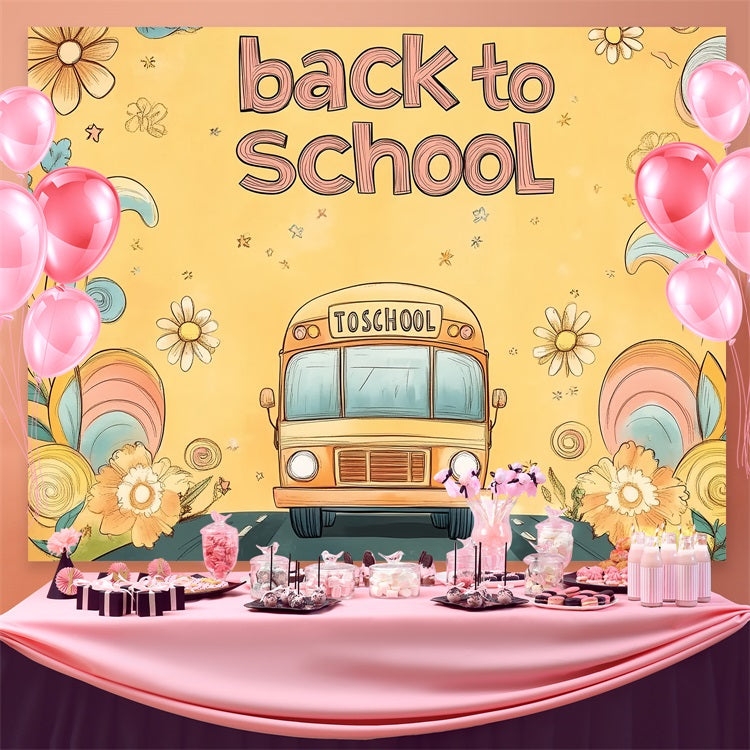 Back To School Backdrops Hand-Drawn Floral School Bus Backdrop UK CSH3-67