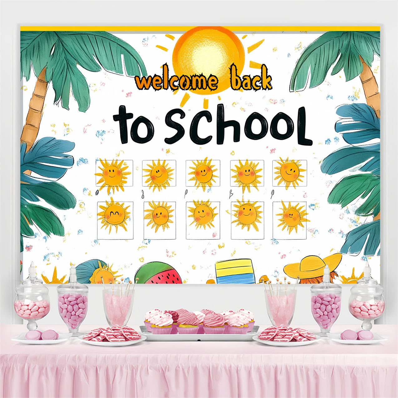 Back To School Photo Backdrop Palm Trees Sunny Welcome Backdrop UK CSH3-75