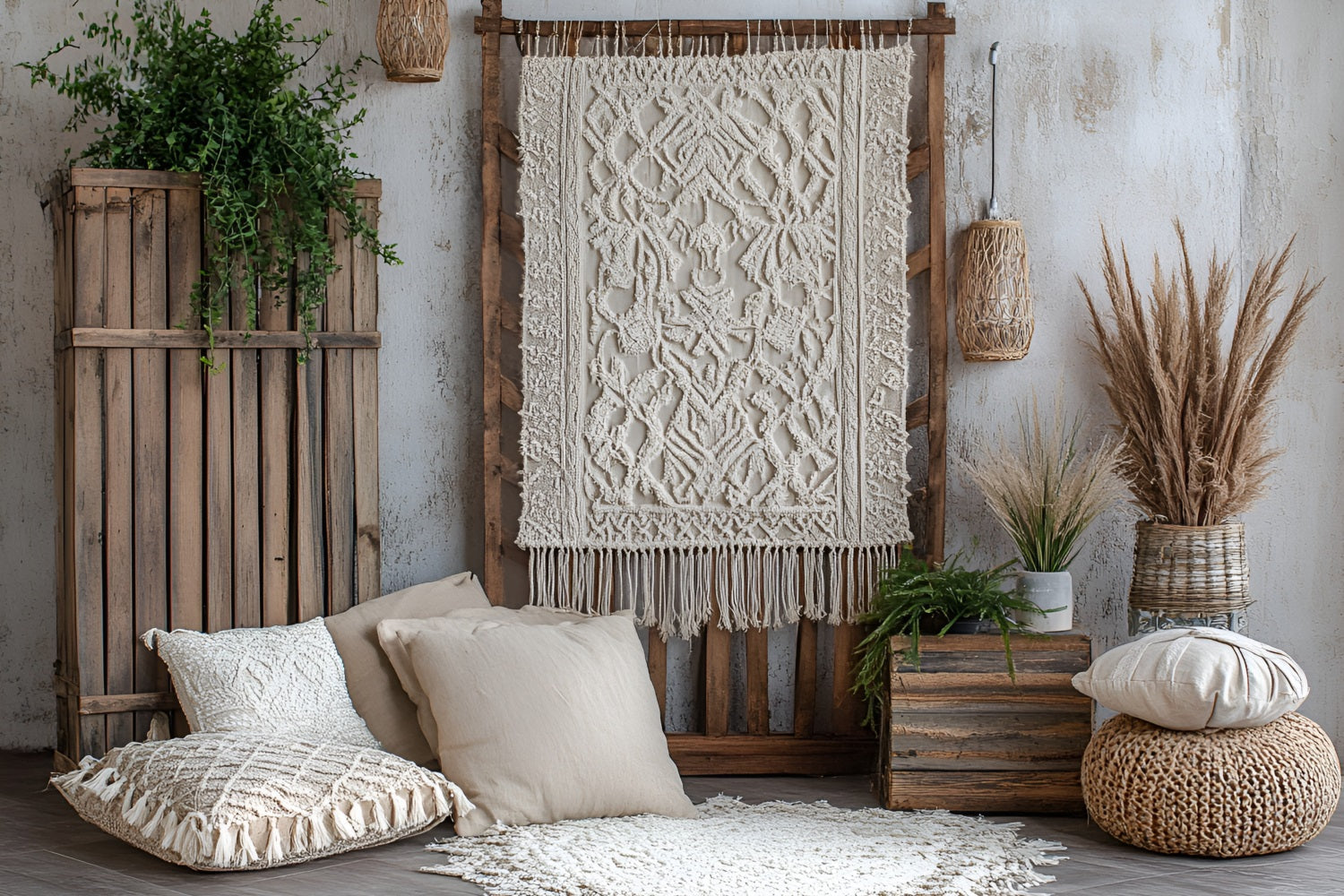 Boho Backdrop Ideas Macrame Wall Wooden Crates Backdrop UK CSH4-135