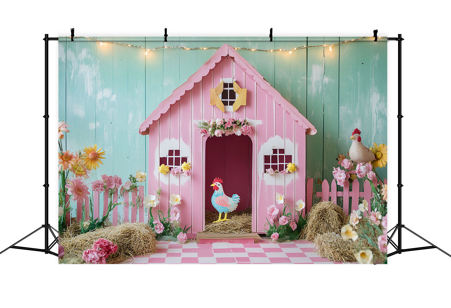 Barn Backdrop Pink Chicken Flowers Backdrop UK CSH4-204