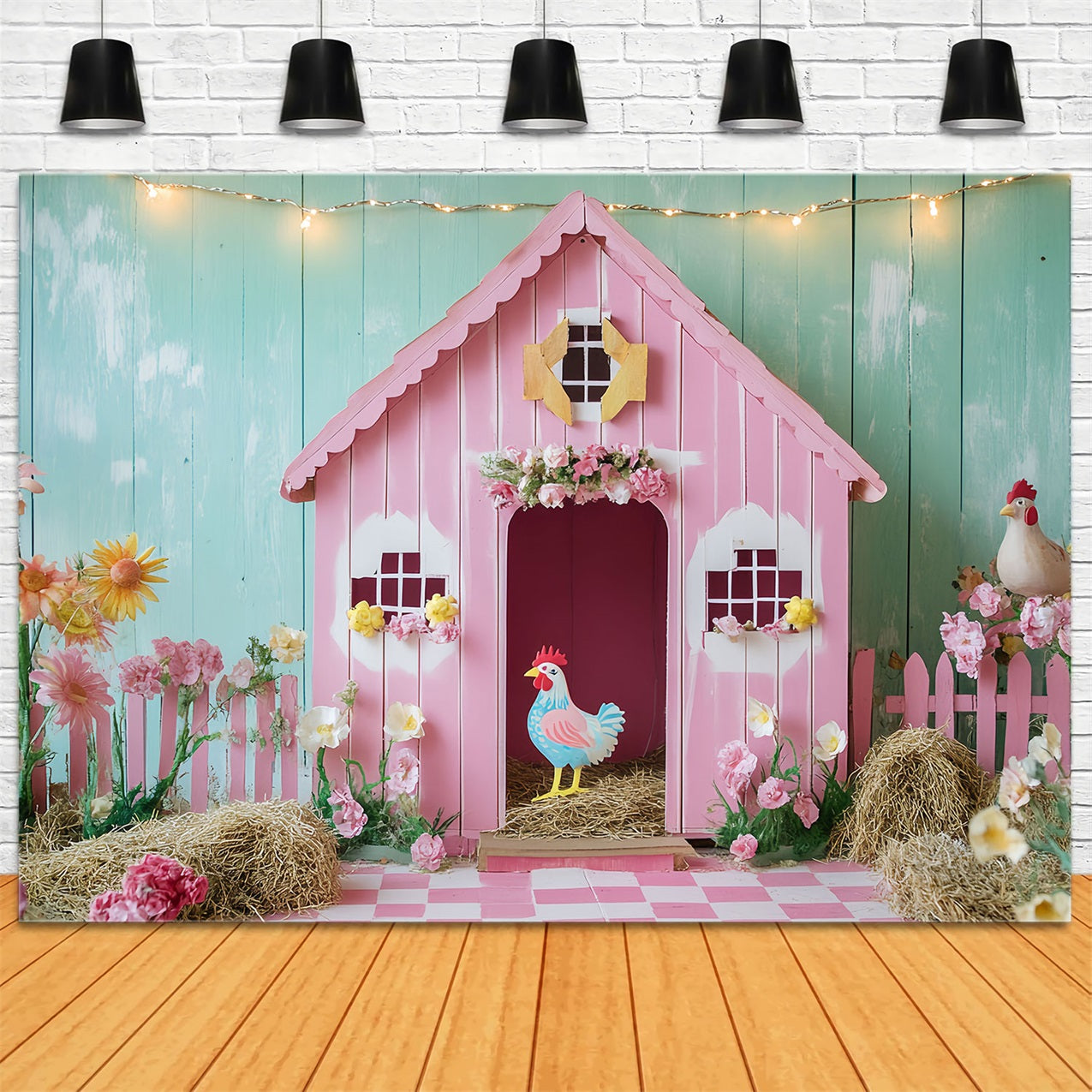 Barn Backdrop Pink Chicken Flowers Backdrop UK CSH4-204