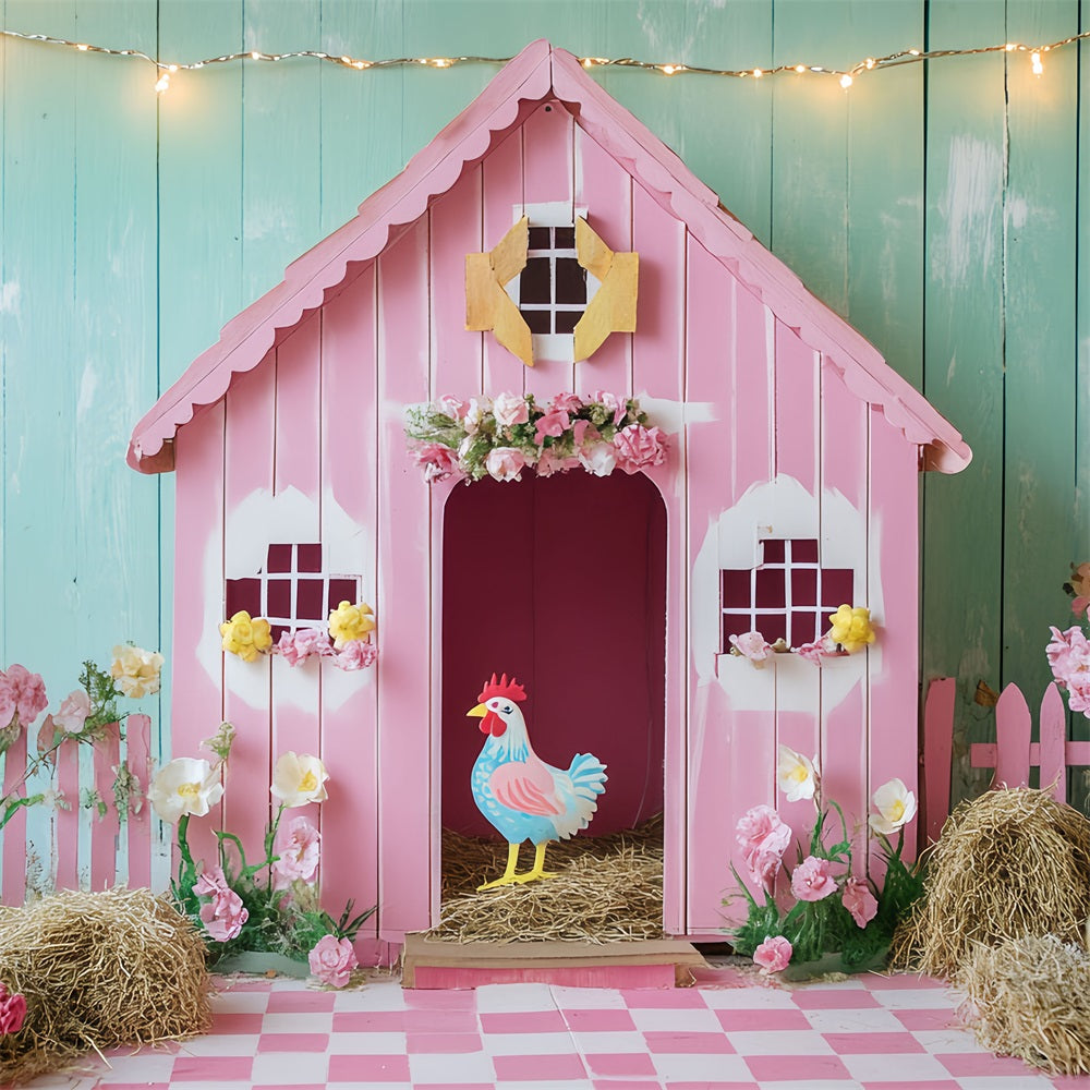 Barn Backdrop Pink Chicken Flowers Backdrop UK CSH4-204