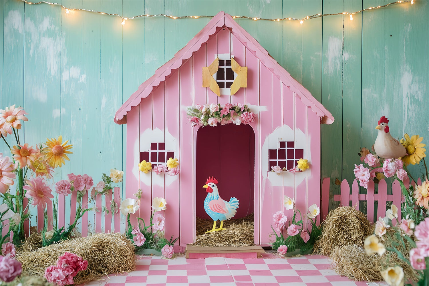 Barn Backdrop Pink Chicken Flowers Backdrop UK CSH4-204