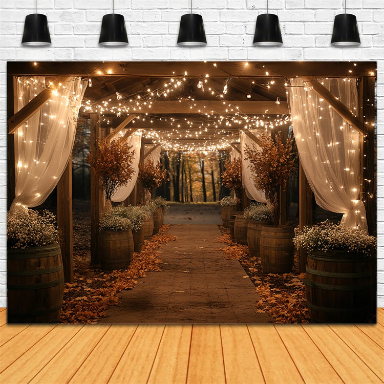 Barn Photo Backdrop Twinkle Light Autumn Aisle Backdrop UK CSH4-217
