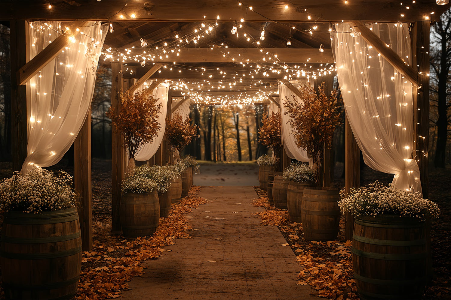 Barn Photo Backdrop Twinkle Light Autumn Aisle Backdrop UK CSH4-217