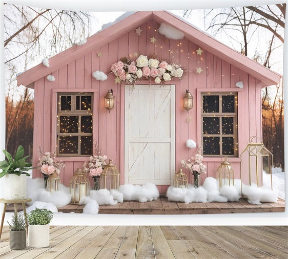 Pink Barn Backdrop House Snow Flowers Backdrop UK CSH4-226