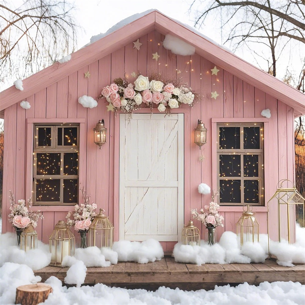 Pink Barn Backdrop House Snow Flowers Backdrop UK CSH4-226
