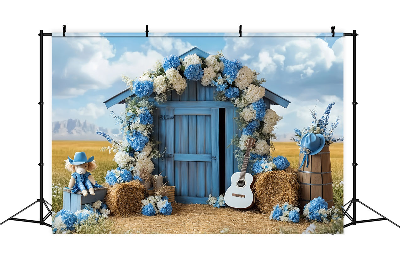 Barn Photo Backdrop Blue Floral Countryside Backdrop UK CSH4-231