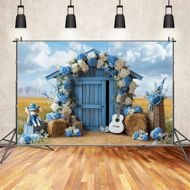 Barn Photo Backdrop Blue Floral Countryside Backdrop UK CSH4-231
