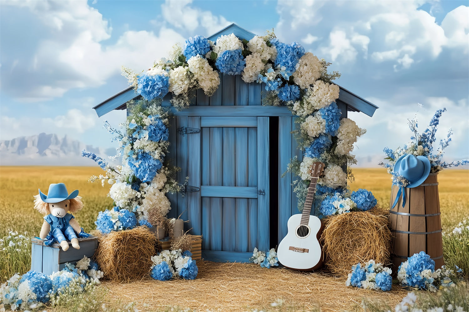 Barn Photo Backdrop Blue Floral Countryside Backdrop UK CSH4-231