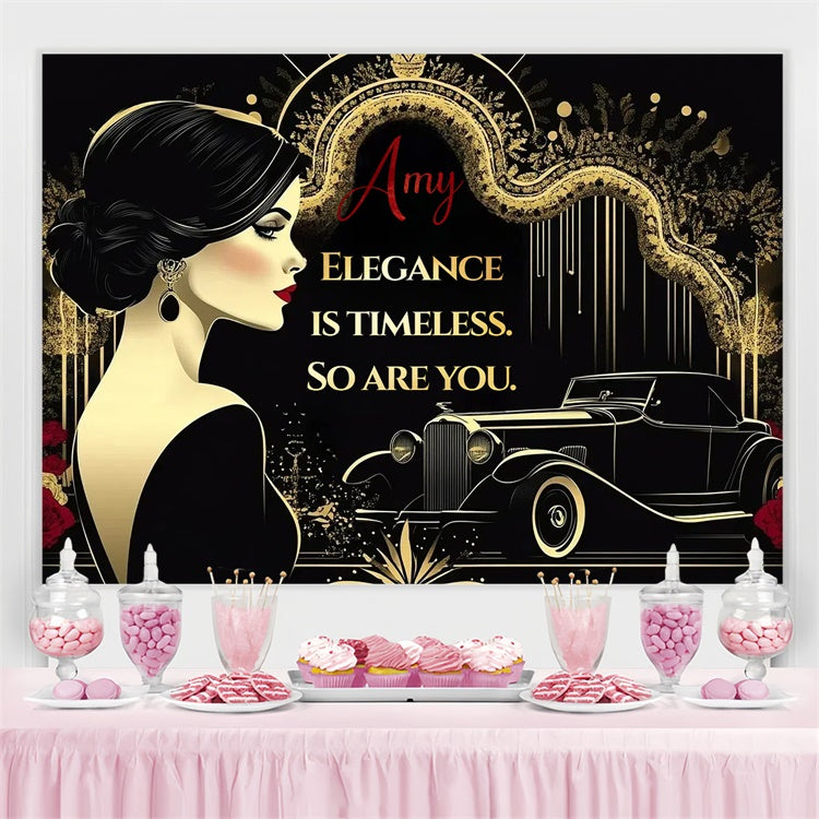 Custom Happy Birthday Backdrop Vintage Glam Black Gold Backdrop UK CSH4-27
