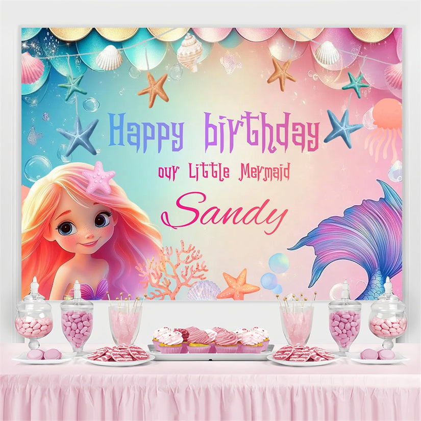Custom Birthday Backdrops Mermaid Shells Starfish Backdrop UK CSH4-3