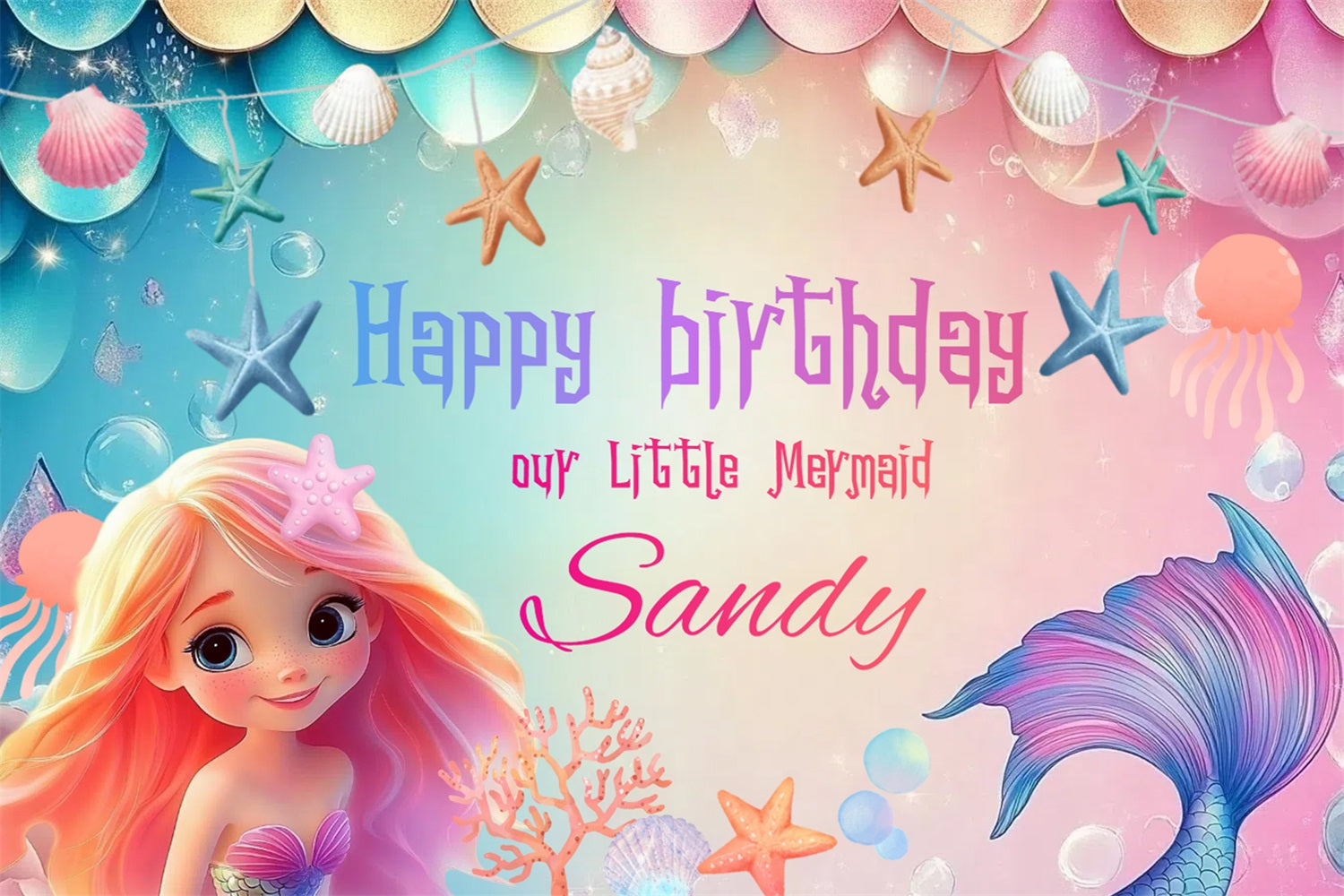 Custom Birthday Backdrops Mermaid Shells Starfish Backdrop UK CSH4-3