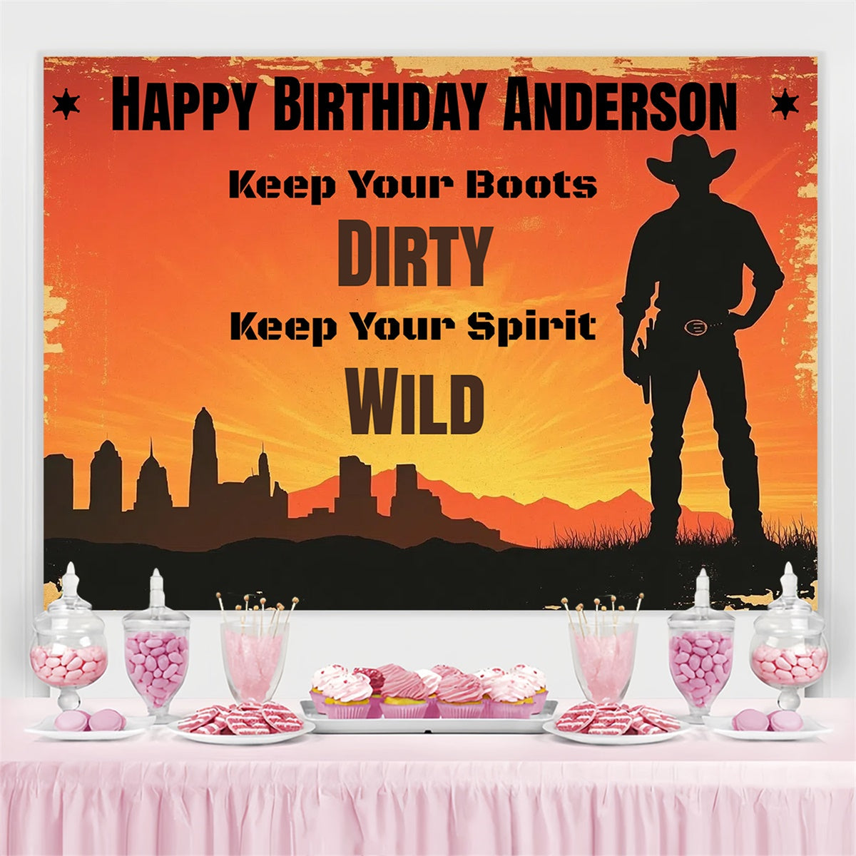 Custom Birthday Backdrops City Silhouette Western Cowboy Backdrop UK CSH4-31