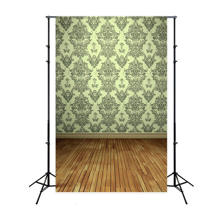 Victorian Backdrop Green Damask Wooden Floor Vintage Backdrop UK CSH4-319