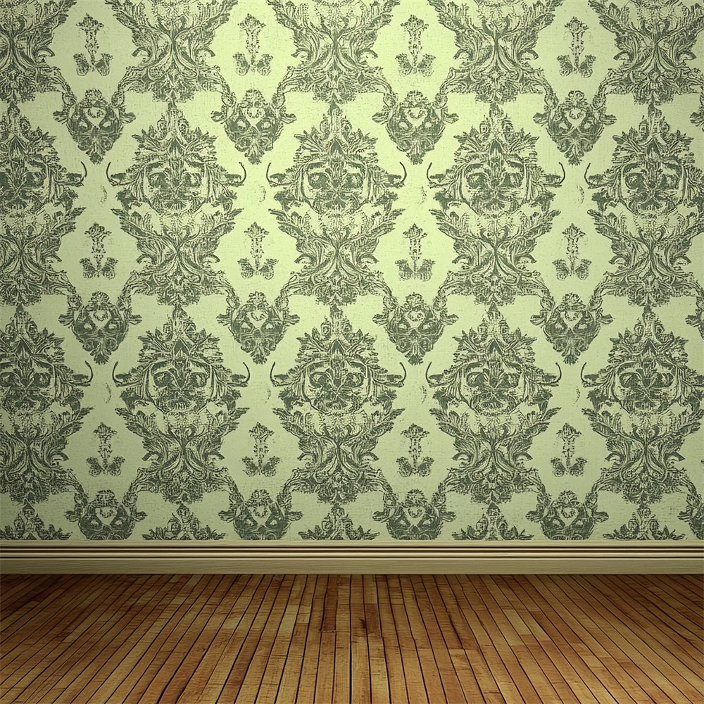 Victorian Backdrop Green Damask Wooden Floor Vintage Backdrop UK CSH4-319