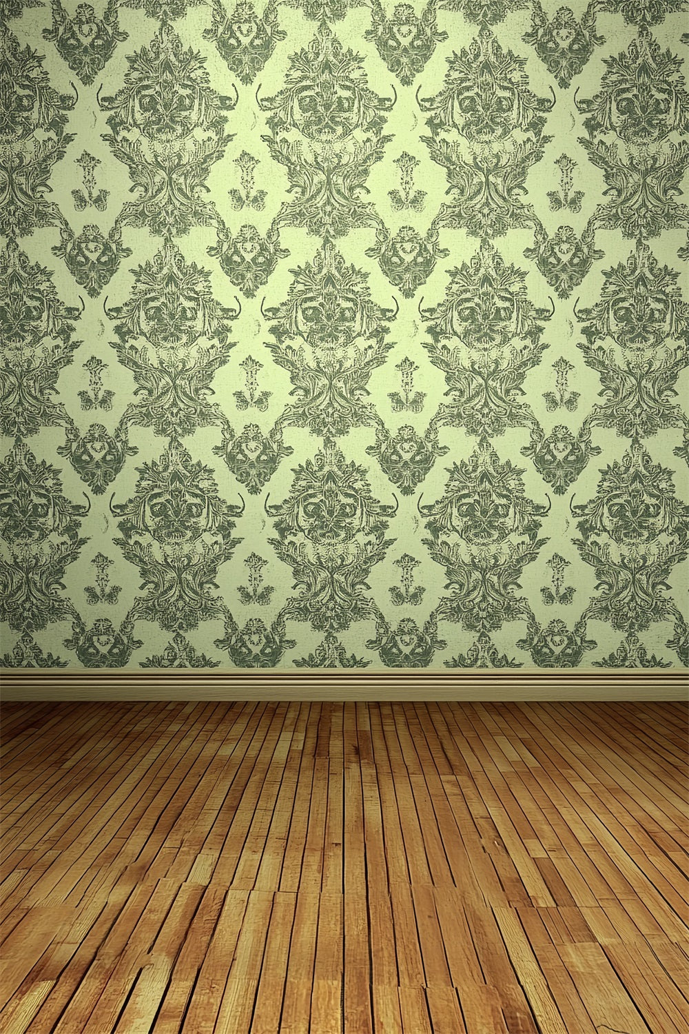 Victorian Backdrop Green Damask Wooden Floor Vintage Backdrop UK CSH4-319